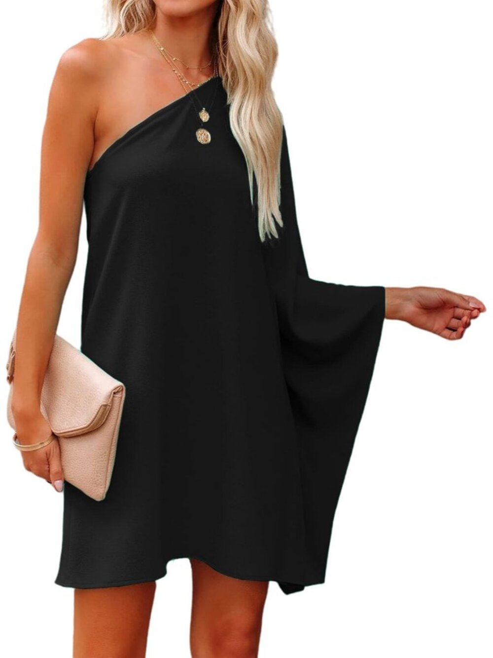 Women's Short Wedding Guest One Shoulder Dresses Formal Batwing Sleeve Club Part - Picture 4 of 5